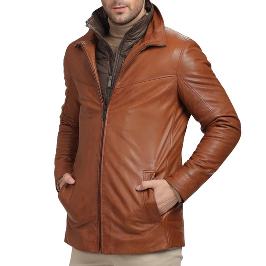 Men's Genuine Brown Lamb Leather Coat with Removable Quilted Vest