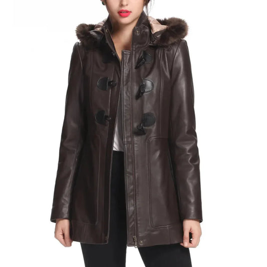 Women’s Amanda Lambskin Leather Toggle Coat with Hood - Trendy Jacket
