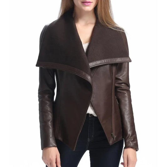 Women’s Asymmetrical Brown Leather Jacket with Wool Blend Overlay - Trendy Jacket