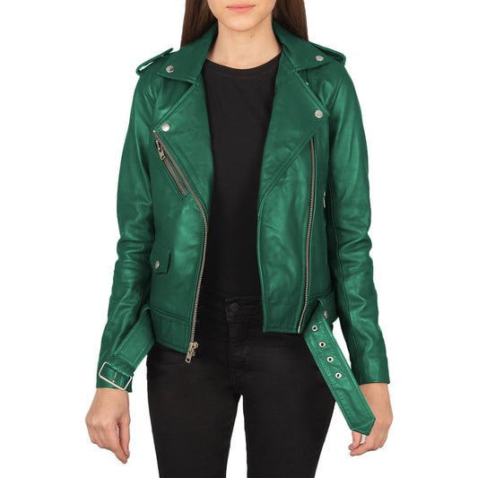 Women's Real Emerald Green Leather Jacket - Front View
