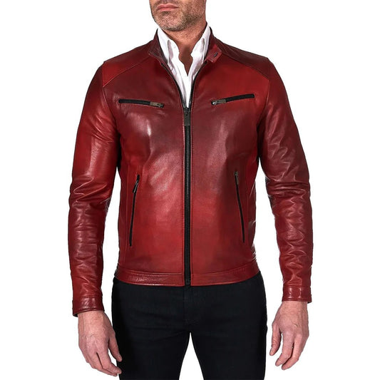 Mens Burgundy Lambskin Real Leather Biker Jacket