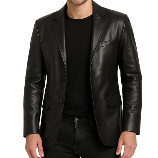 Men's Two Button Real Lambskin Black Leather Blazer
