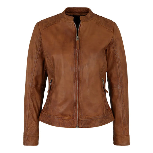 Genuine Biker Brown Cognac Leather Jacket Womens - Trendy Jacket