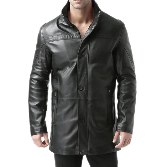 Murphy Men's Real Lambskin Black Leather Car Coat - 3/4 Length Coat