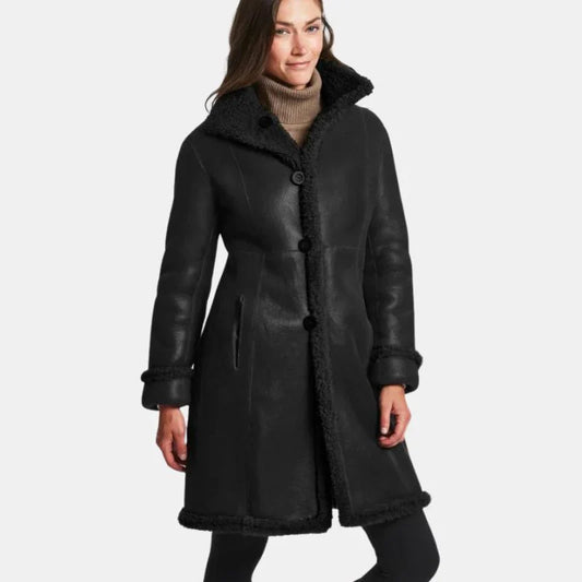 Victoria Womens Black Leather Shearling Winter Coat - Trendy Jacket