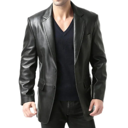 Men's Notch Lapel Two Button Black Leather Blazer Jacket