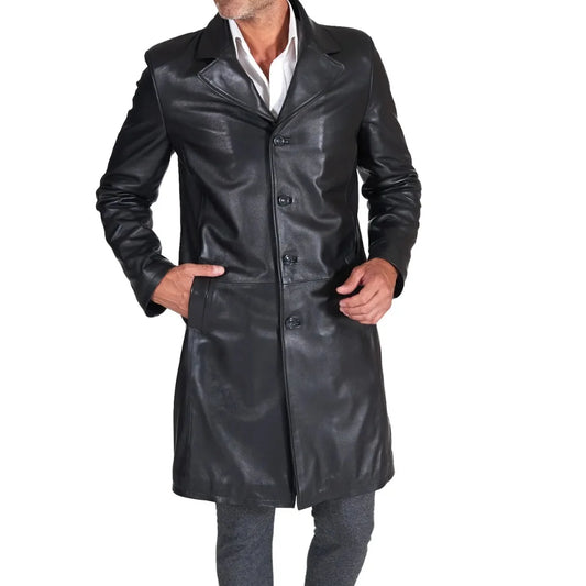 Men's Long Real Black Lamb Leather long Coat