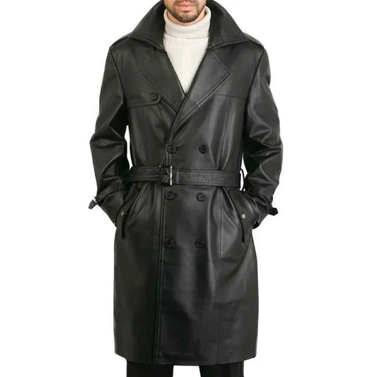 Mens Double Breasted Black Lambskin Leather Trench Coat