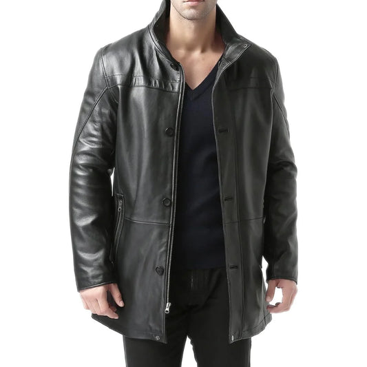 Men's Black Real Lambskin Leather Car Coat — 3/4 Length
