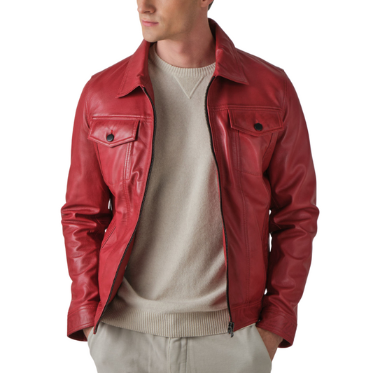 Mens Red Vintage Real Leather Trucker Jacket Mens