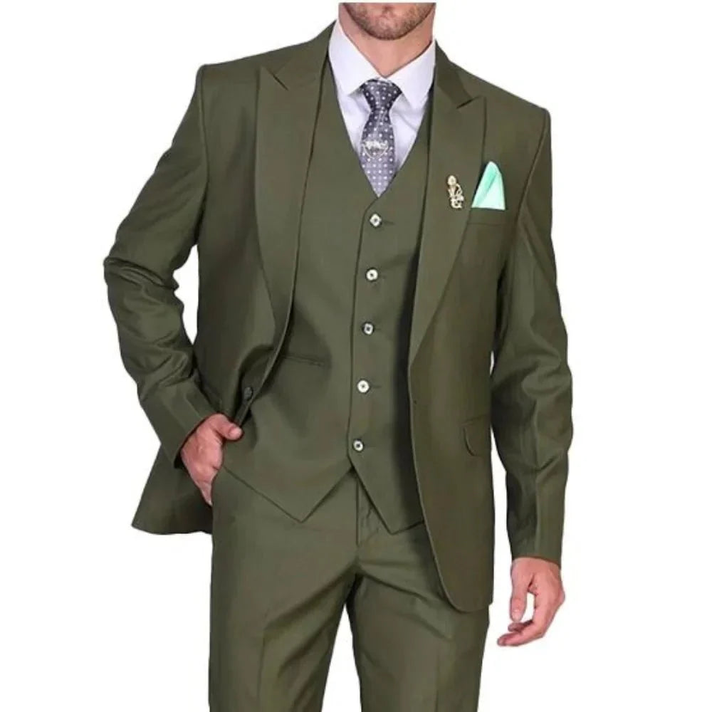 Three Piece Olive Green Suit Men's Trendy Jacket Three Piece Olive Green Suit Men's Trendy Jacket