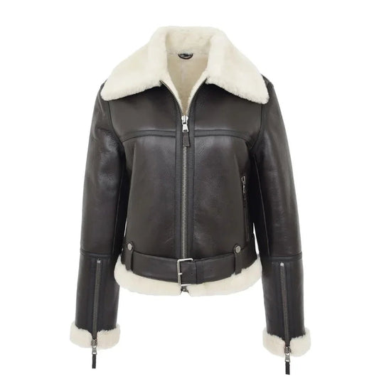 Womens Sheepskin B3 Belted Black Leather Shearling Jacket Aviator