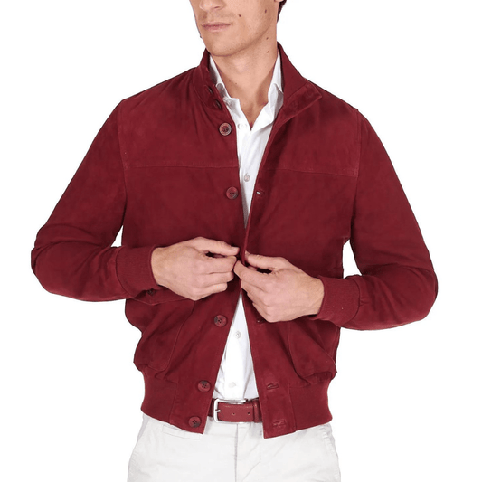 Men's Red Suede Leather Bomber Jacket