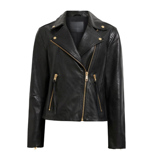 Women’s black sheepskin leather moto jacket