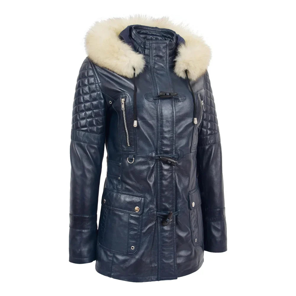 Women's Blue Sheepskin Leather Duffle Coat with Removable Sherpa Women's Blue Sheepskin Leather Duffle Coat with Removable Sherpa