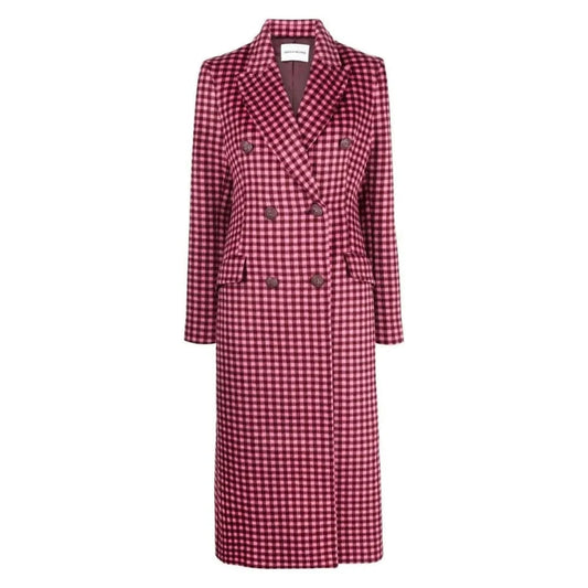Womens Pink Plaid Wool Long Coat