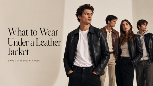 Models wearing T-shirts, a knit polo, fitted top and hoodie under black and brown leather jackets