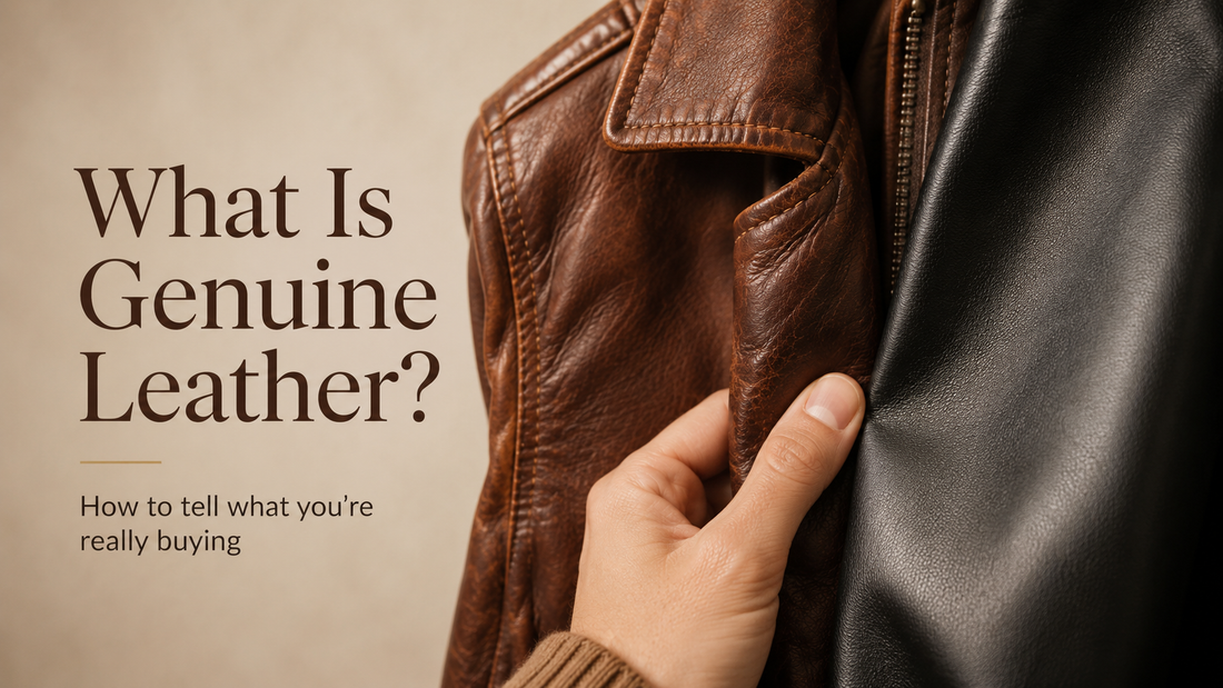 Shopper comparing real leather and synthetic leather jacket materials for genuine leather guide