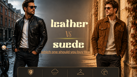 Leather jacket vs suede jacket comparison with men wearing a black leather jacket and brown suede jacket in an urban fall setting.