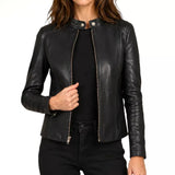 Women's Black Leather Cafe Racer Jacket