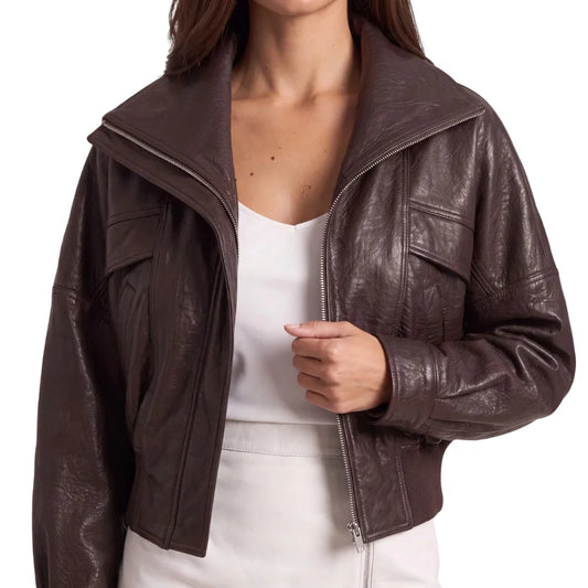 Women's Dark Brown Leather Cropped Bomber Jacket