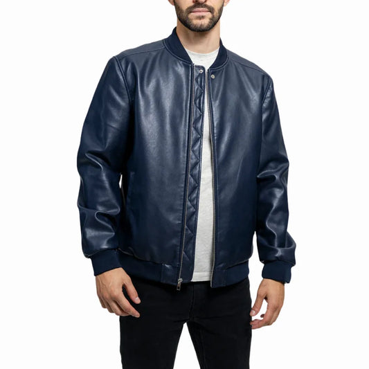 Men's Navy Blue Real Leather Bomber Jacket
