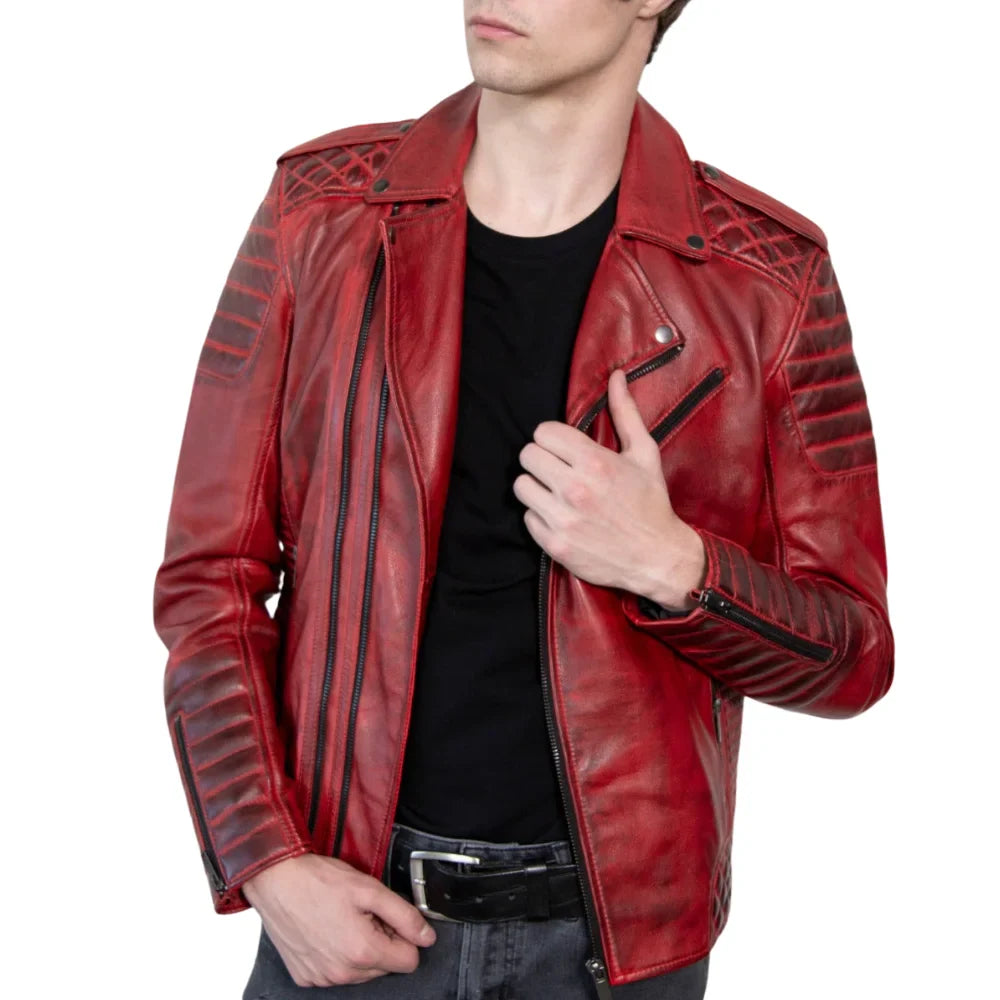 Red Real Leather Biker Jacket Men's with Quilted Details
