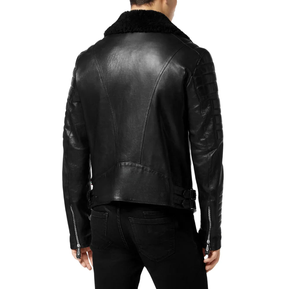 Black-Men's-Leather-Shearling-Collar-Biker-Jacket