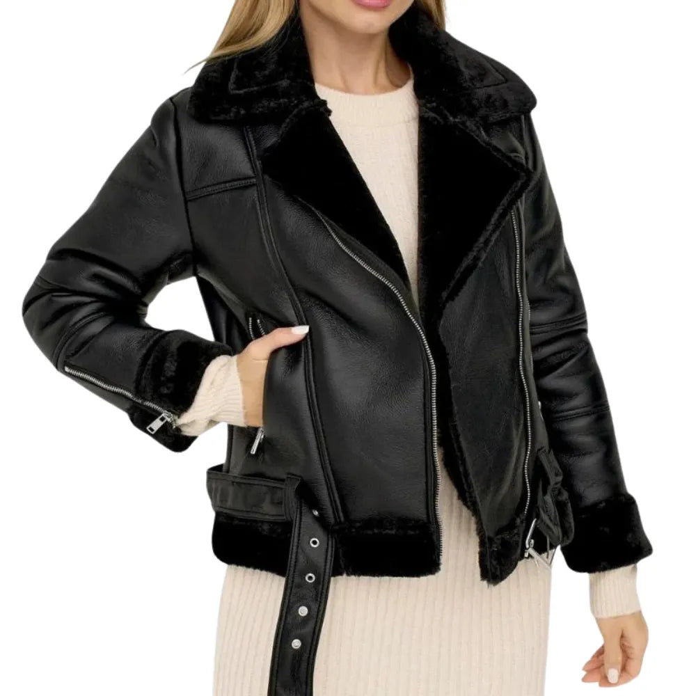 Black-Shearling-Leather-Biker-Jacket-Women's