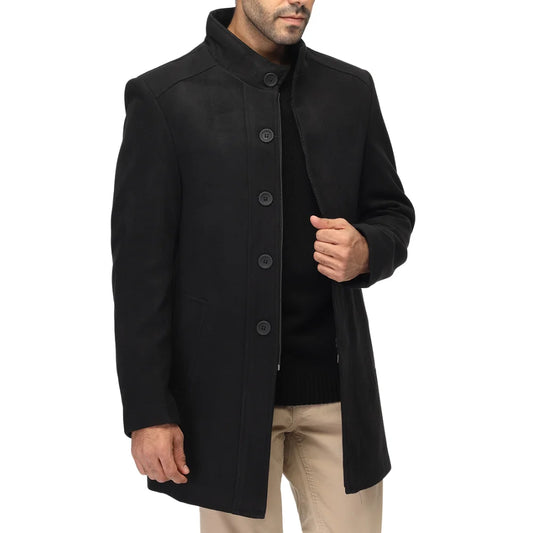 Men’s Black Stand Collar Wool Blend Winter Coat