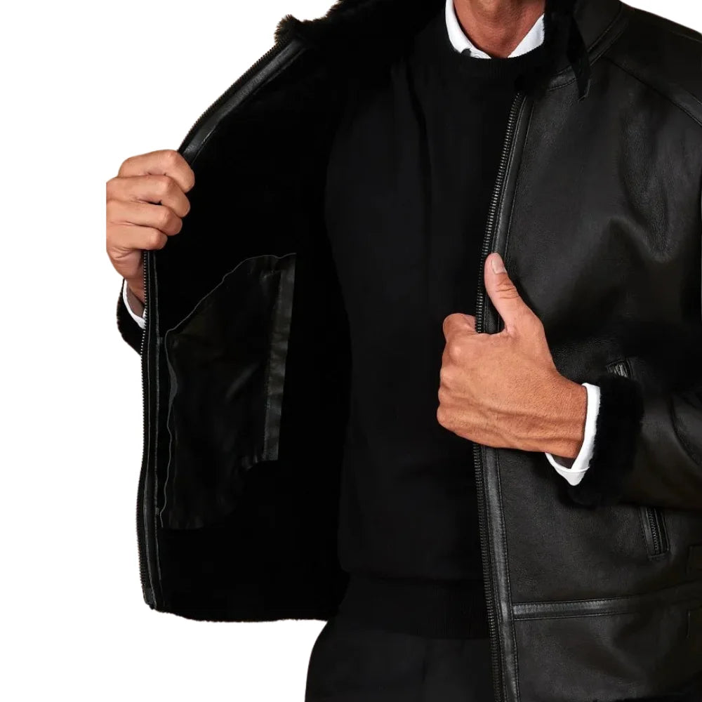 Men's Black Shirt Collar Shearling Lambskin Biker Jacket