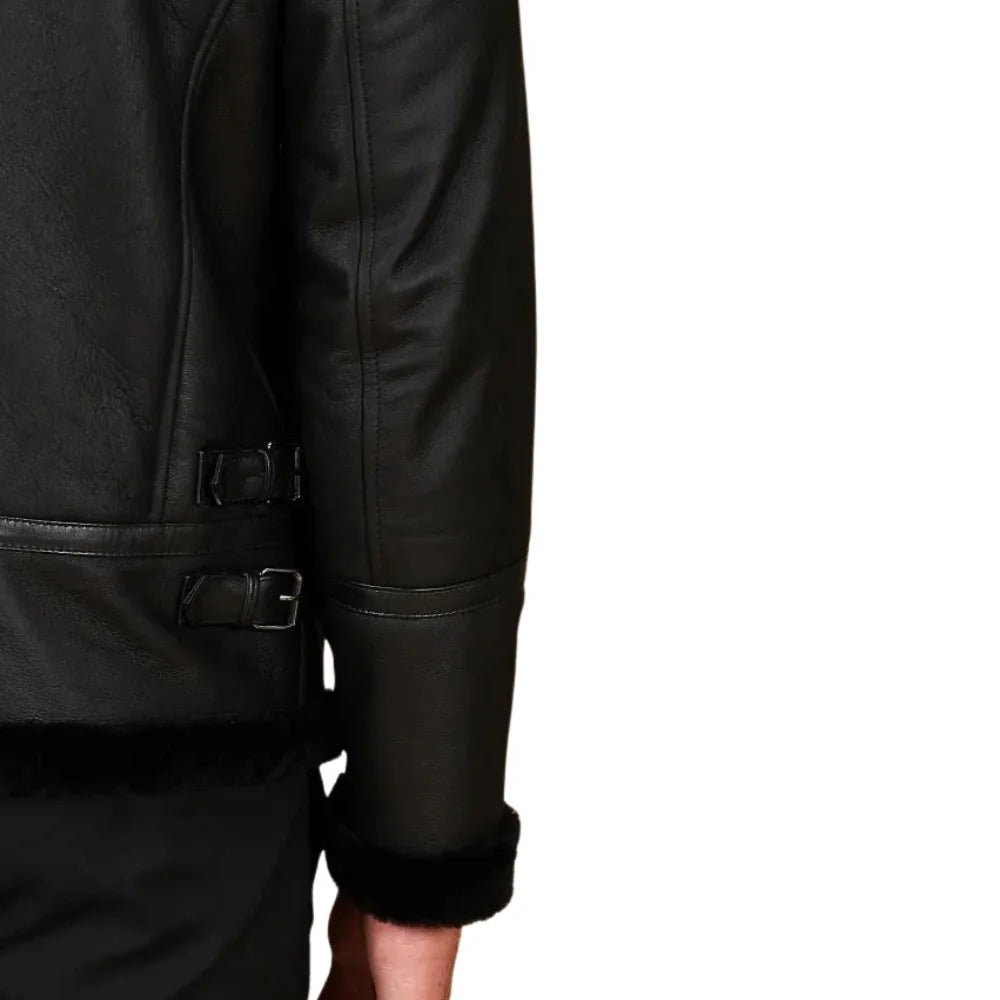 Men's Black Shirt Collar Shearling Lambskin Biker Jacket