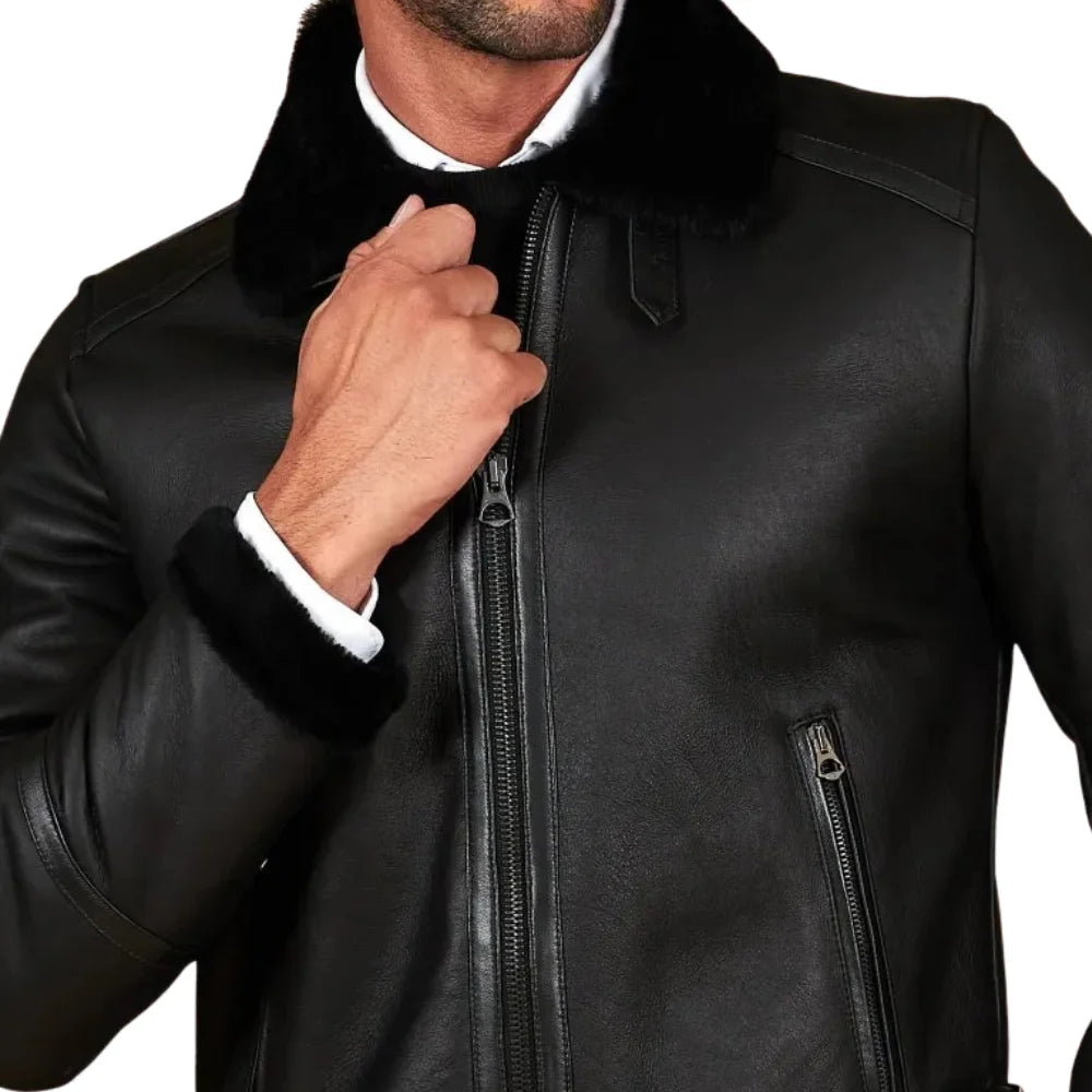 Men's Black Shirt Collar Shearling Lambskin Biker Jacket