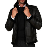 Men's Black Shirt Collar Shearling Lambskin Biker Jacket