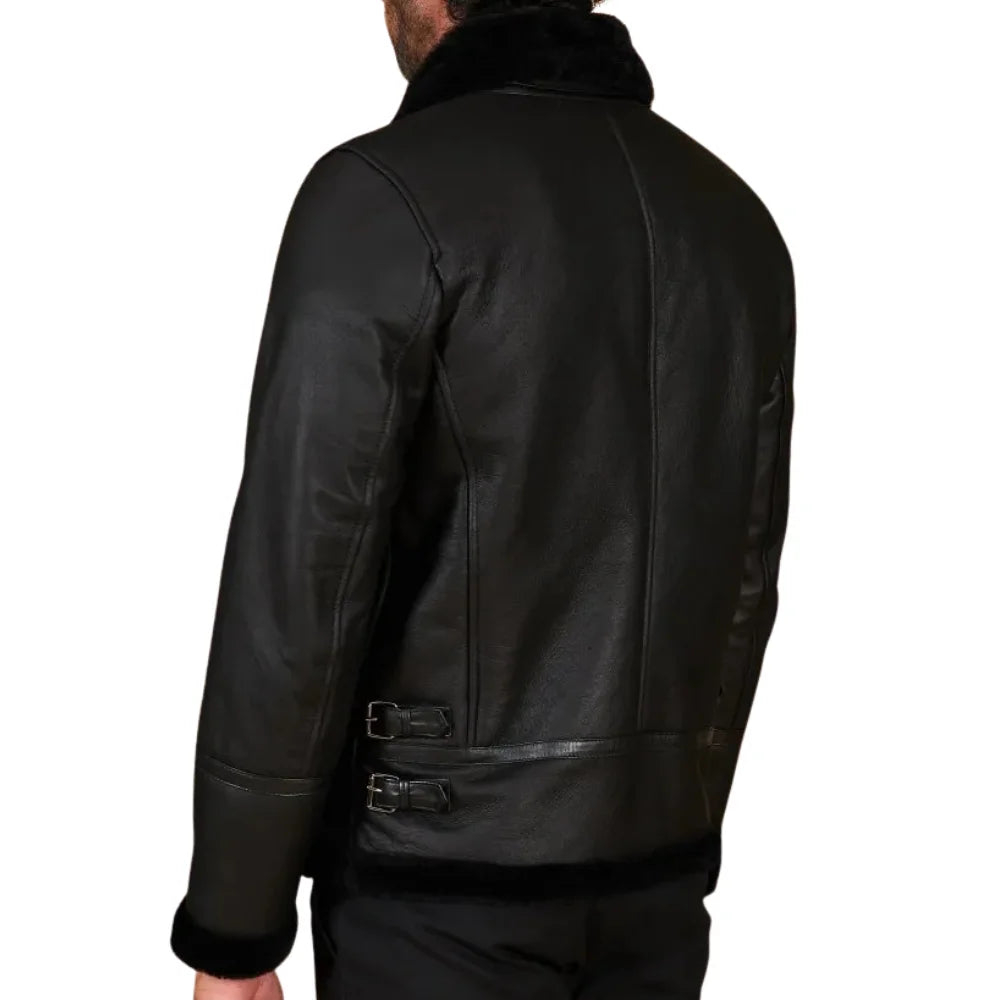 Men's Black Shirt Collar Shearling Lambskin Biker Jacket