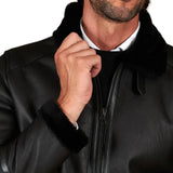 Men's Black Shirt Collar Shearling Lambskin Biker Jacket