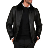 Men's Black Shirt Collar Shearling Lambskin Biker Jacket