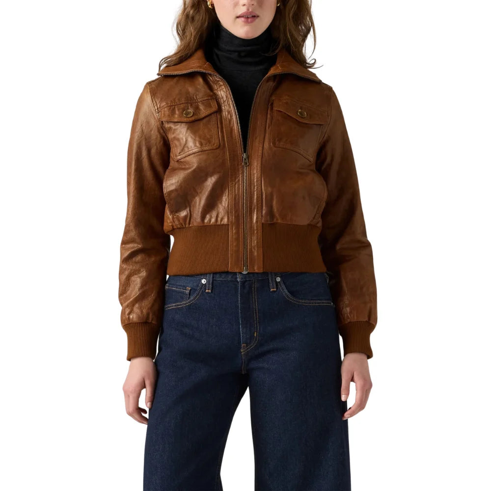 Bomber-Leather-Cognac-Brown-Jacket-Women's