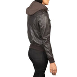 Bomber-Leather-Hooded-Dark-Brown-Jacket-Women's
