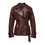 Burgundy-Leather-Belted-Short-Trench-Coat-Women's