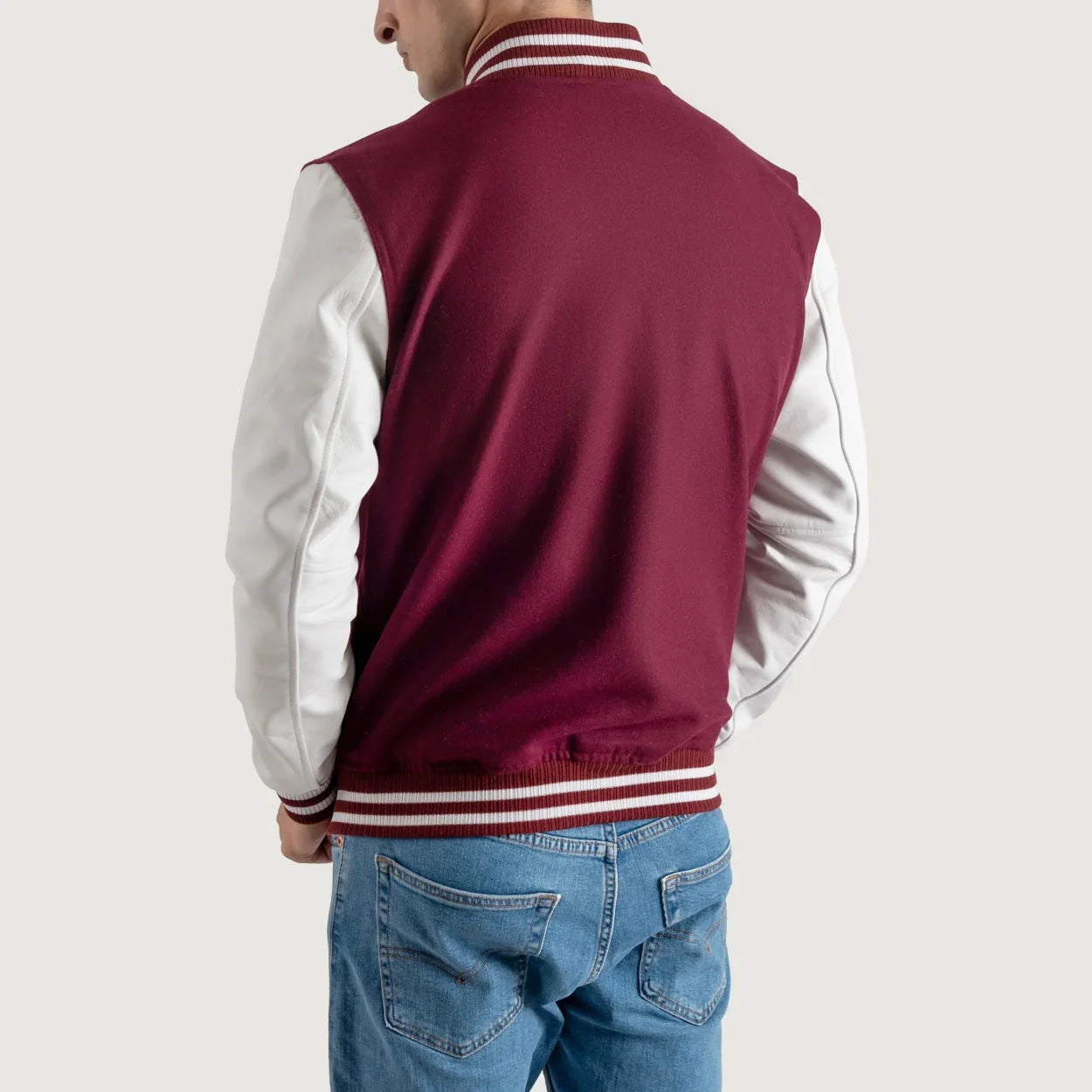 Mens Maroon and White Wool Blend Letterman Jacket