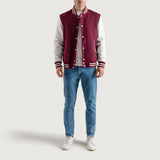 Mens Maroon and White Wool Blend Letterman Jacket