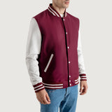 Mens Maroon and White Wool Blend Letterman Jacket