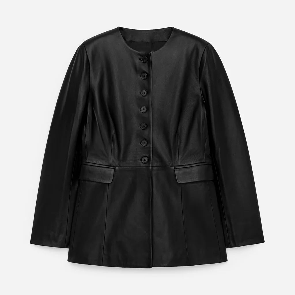 Button_Front_Women_s_Black_Collarless_Leather_Jacket