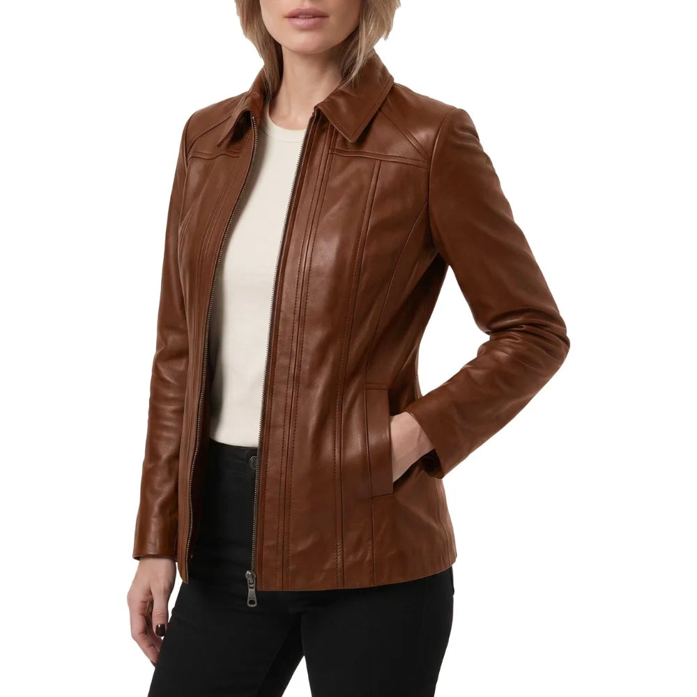 Cognac-Brown-Leather-Shirt-Jacket-Women's