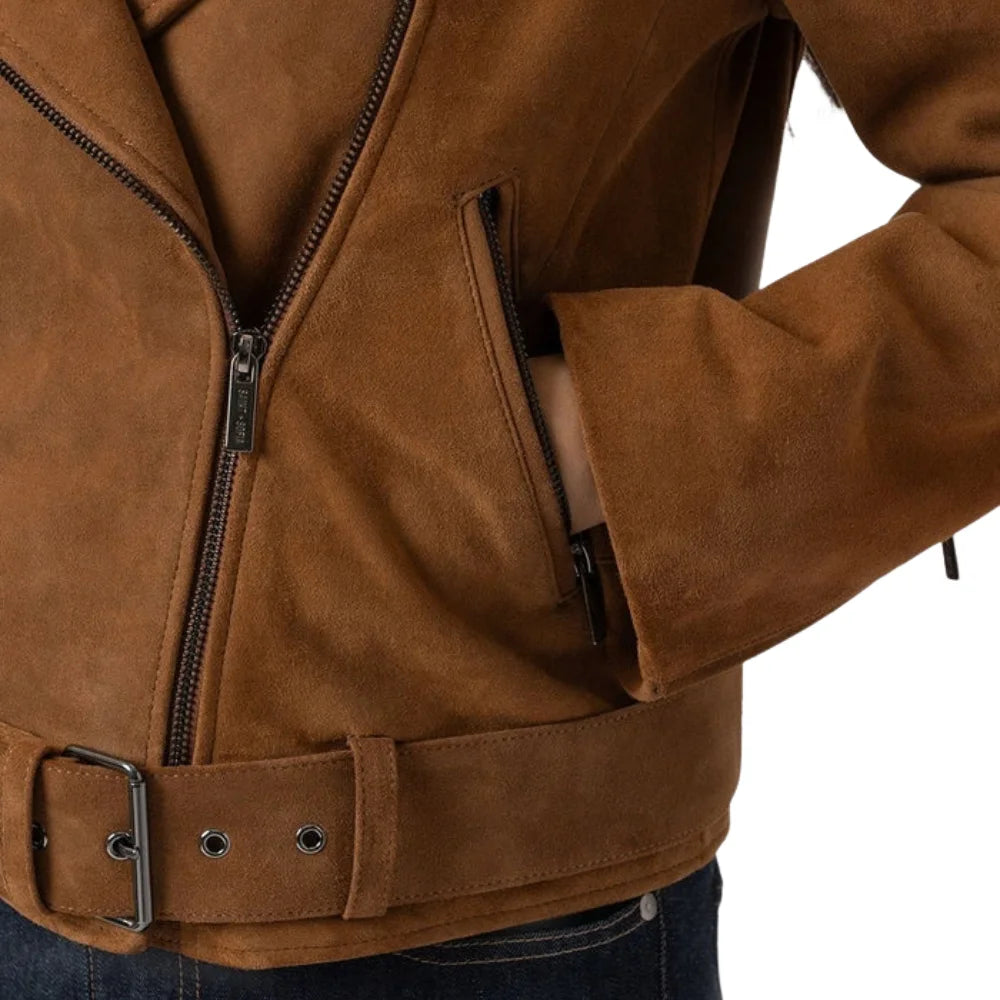 Cognac-Women's-Belted-Suede-Biker-Jacket