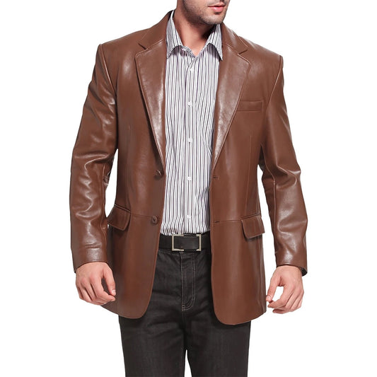Mens Notched Lapel Two Button Brown Leather Blazer