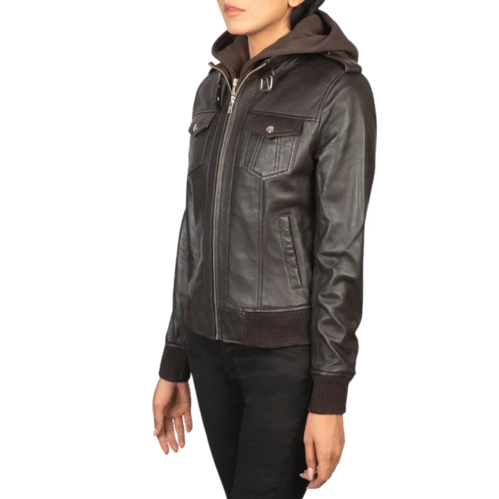Dark-Brown-Hooded-Bomber-Leather-Jacket-Women's