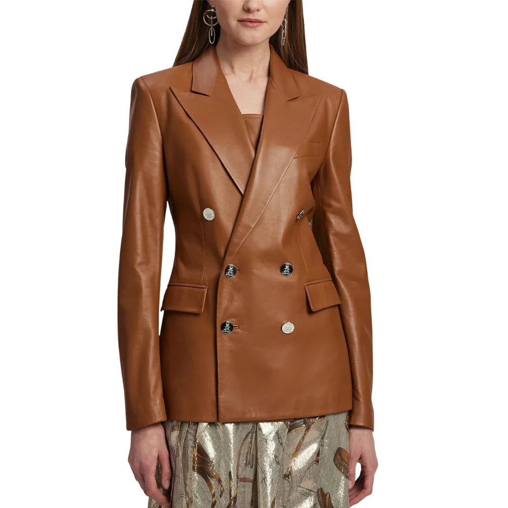 Double-Breasted-Brown-Leather-Blazer-Women's