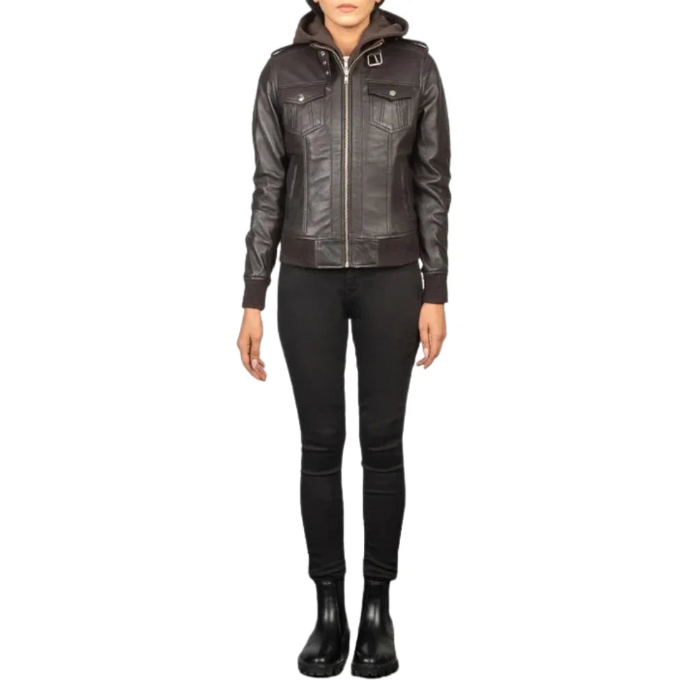 Hooded-Dark-Brown-Bomber-Leather-Jacket-Women's